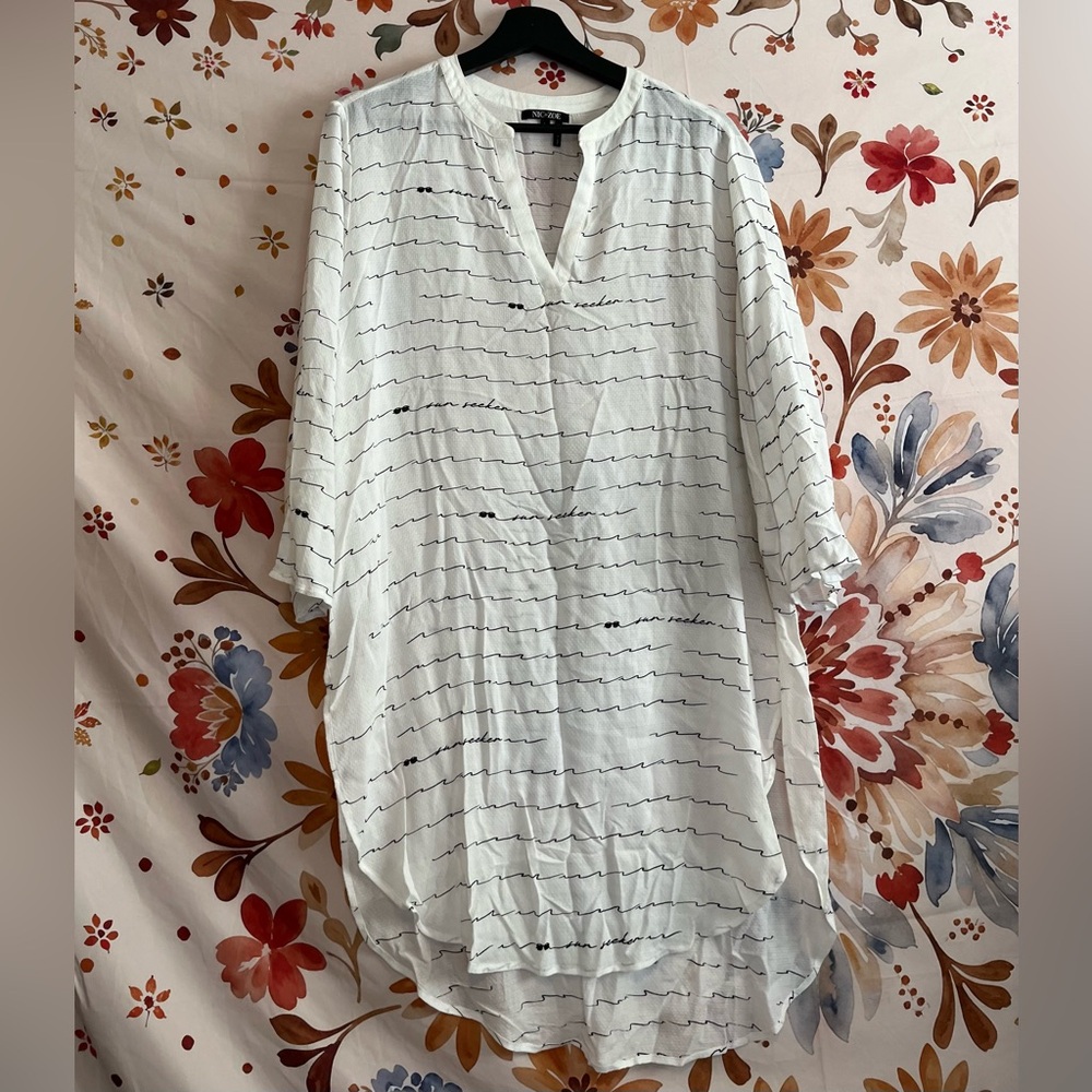 NIC+ZOE Womens L “Sun Seeker” Sheer White Black Boardwalk Cruise CoverUp Tunic